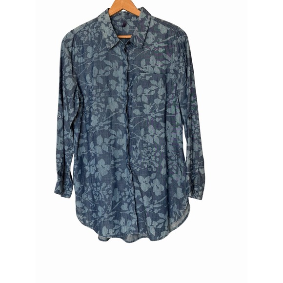NYDJ Tops - NYDJ | Blue Silk Abstract Floral Button Front Long Sleeve Blouse Top | Large